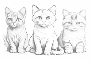 "Adorable trio of cats - A playful tabby, a fluffy Siamese, and a sleek cat."