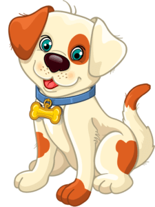 Adorable white and orange cartoon dog puppy, resembling a cat-like mammal, in transparent PNG format.