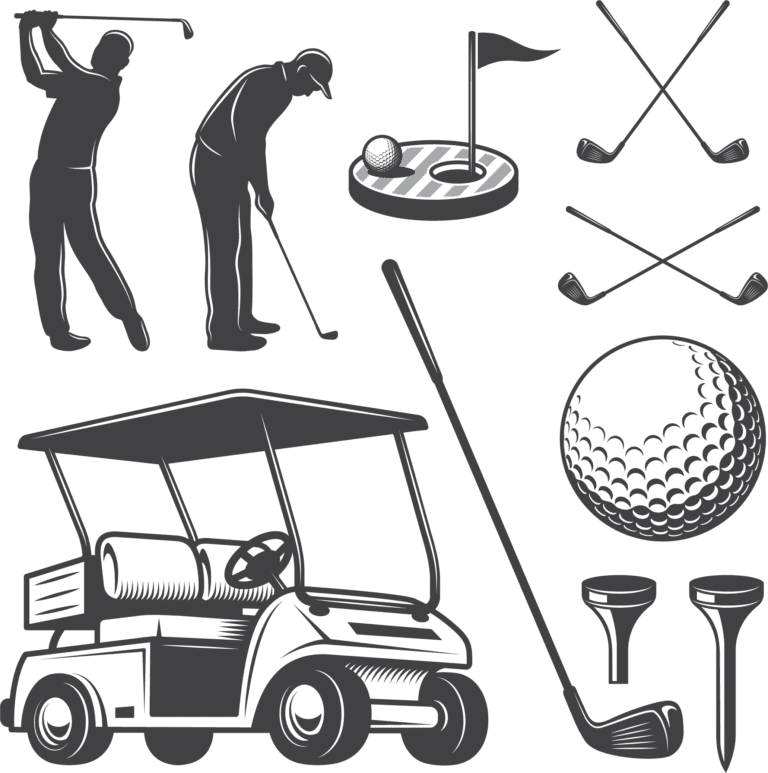 PNG image showcasing a variety of golf club tools and skilled golfers in action