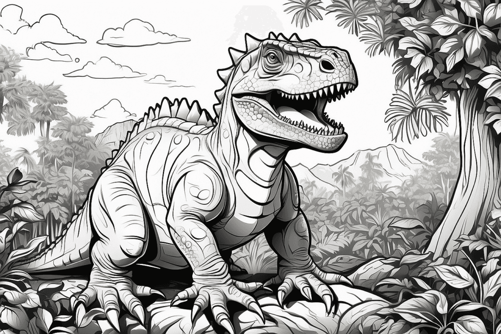 picture of a long neck dinosaur in the middle of a forest and trees - majestic coloring dinosaur