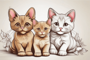 A cute cat family comprising a father, mother, and a brown and white kitten surrounded by roses on a light background.