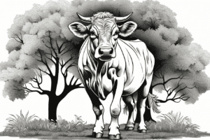 Cow Background with Tree, Cow grazing under a tree