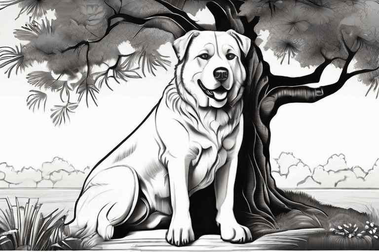 A coloring picture featuring a large dog resting peacefully under a tree.