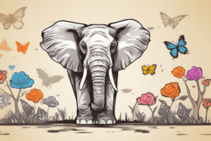 A big elephant amidst flowers and butterflies