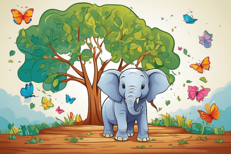 Little elephant, Asian gray elephant, Baby elephant in the middle of a tree and colorful butterflies illustration, mammal, png
