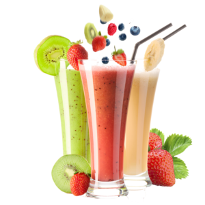 Fruit juice pictures and pic of smoothies in colorful glasses with fresh fruits on the side.