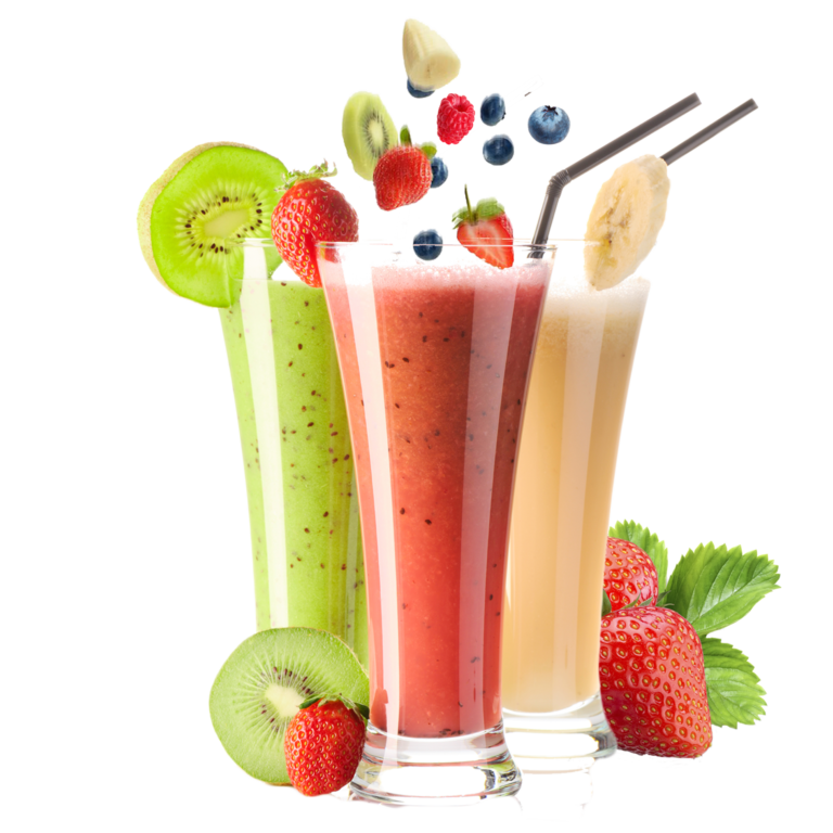 Fruit juice pictures and pic of smoothies in colorful glasses with fresh fruits on the side.
