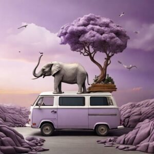 A lavender tree and an Asian elephant on the back of a car