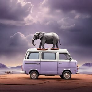 Creative image of an African elephant on top of a car in the middle of a desert land