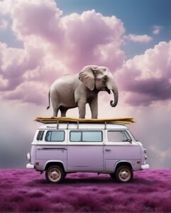 A magical elephant on the back of a white car with a lavender background