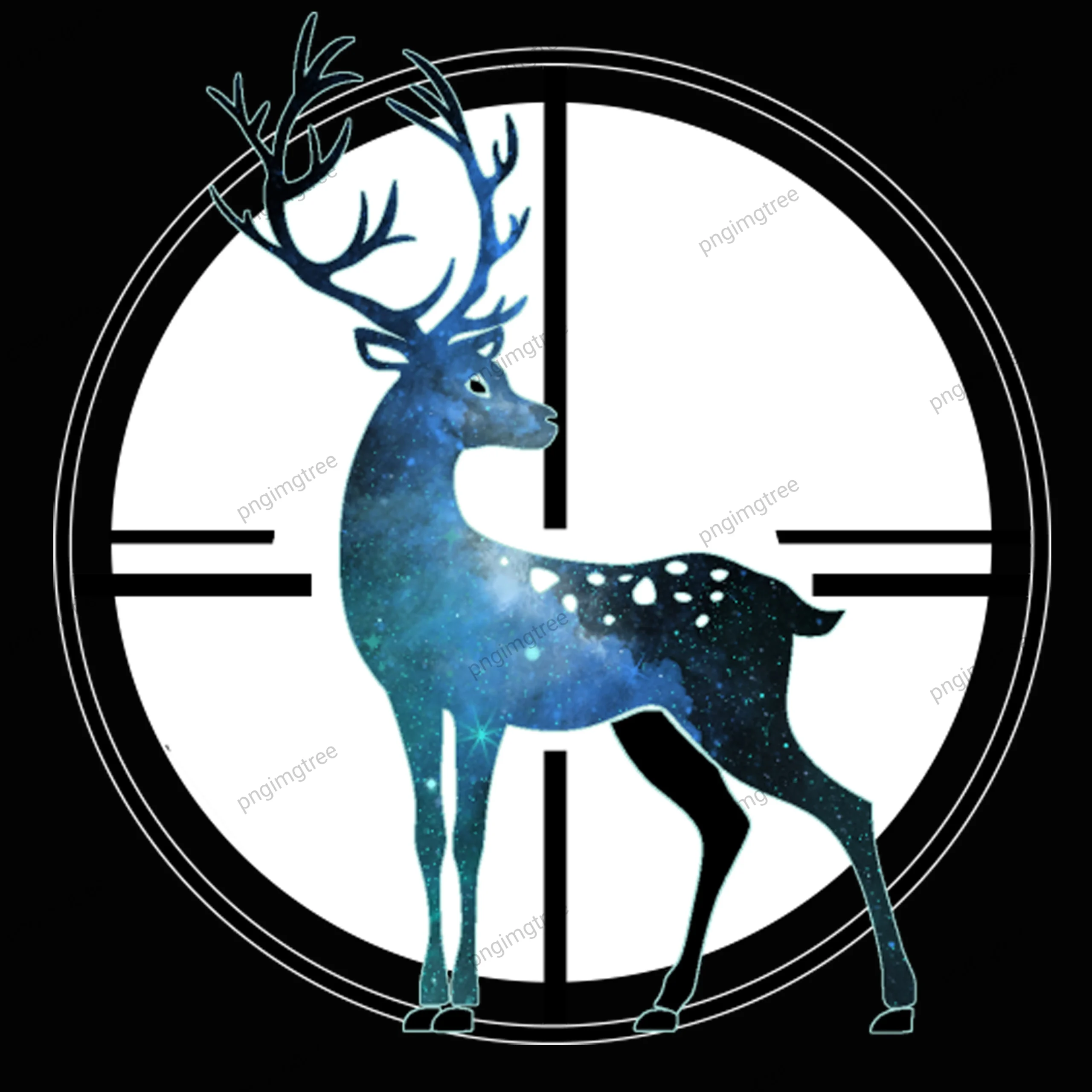 Blue galactic black-horned deer within a circle on a black background