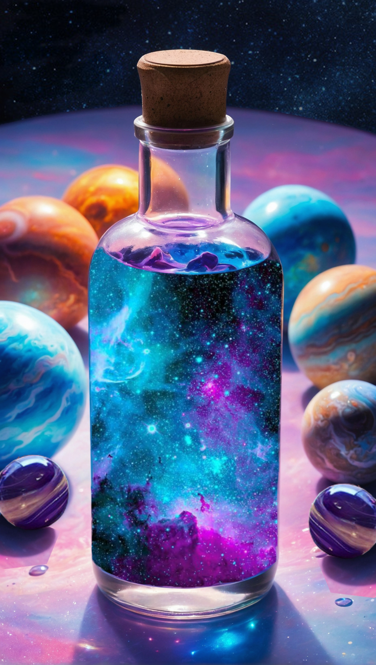 Explore Space bottle , A galaxy our Universe in a bottle photorealism_of_inside_Flask_bottle_image_solar_system "The universe, stars, nebula, galaxies, planet, Solar System"