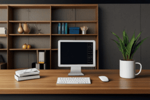 3D rendering of office with laptop and library background