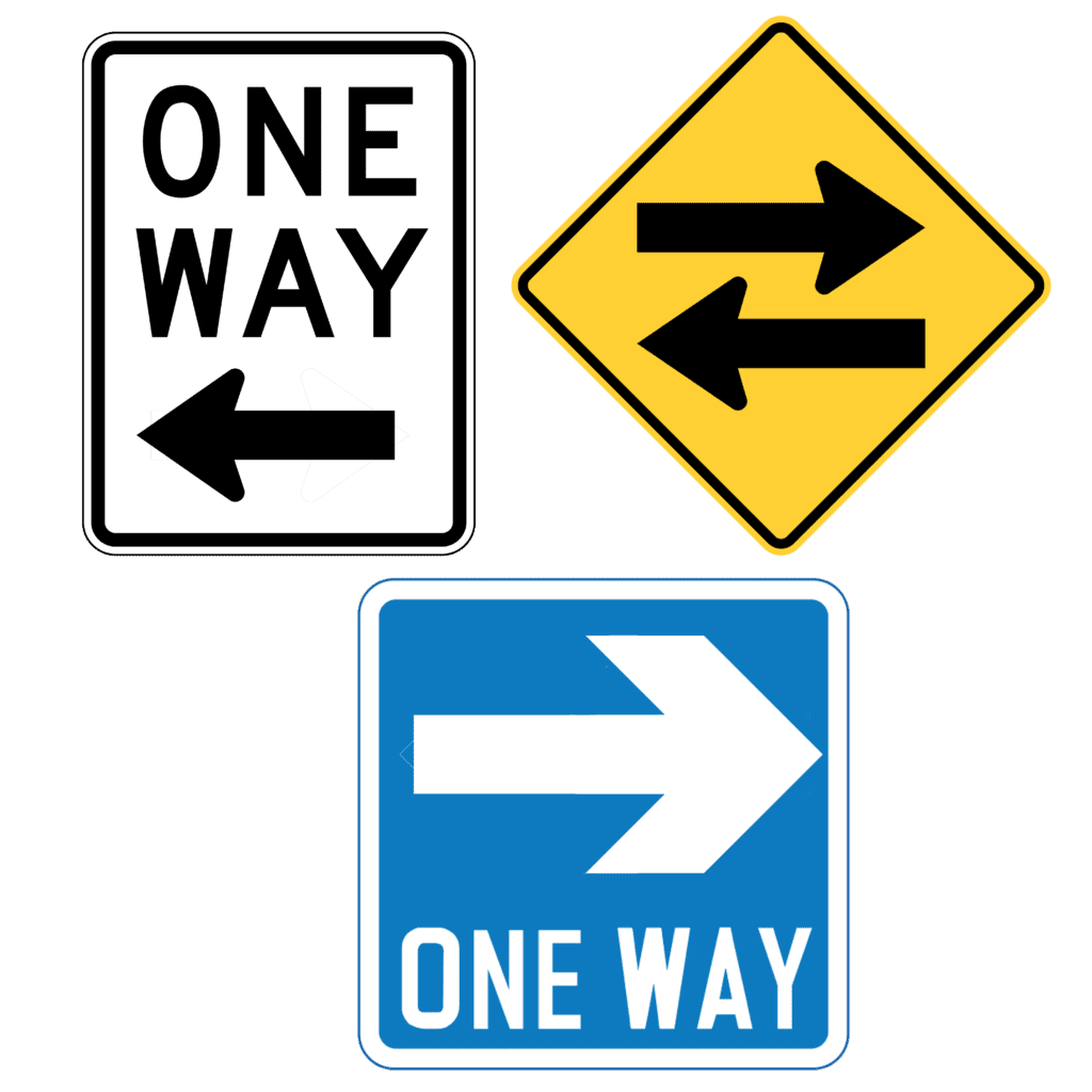 One direction traffic sign white and yellow, oneway sign, right corner