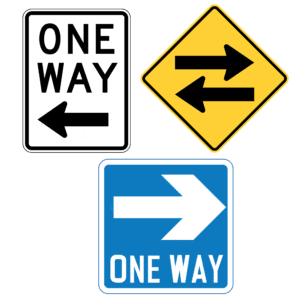 One direction Traffic sign white and yellow, one-way sign, right corner, vector isolated, PNG image