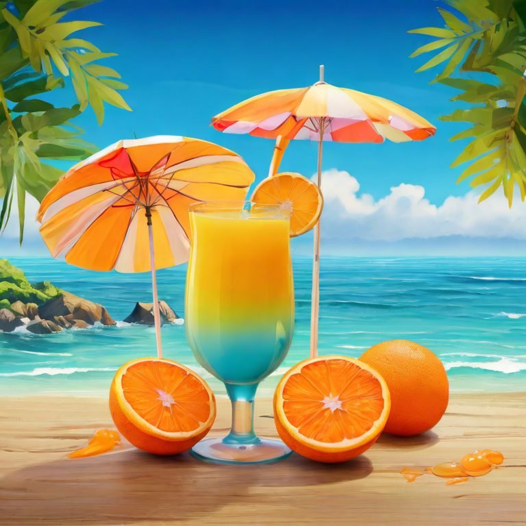 A glass of fresh orange juice on the beach with calm sea in the background