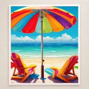 The wonderful and colorful beach chairs and umbrella, and the background of the calm sea in front