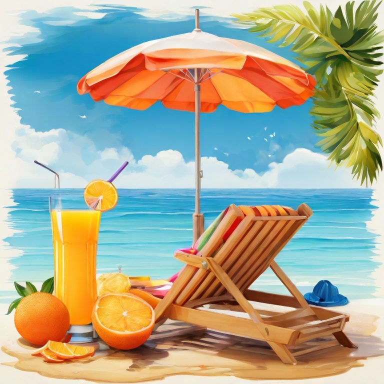 A pictures illustration of summer with sun lounger with umbrella, sun rays, tropical leaves and fresh orange juice