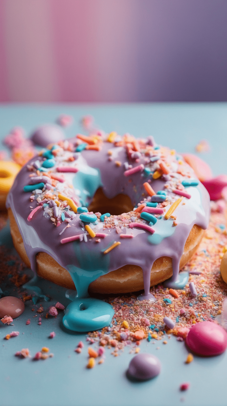 Donuts logo with light cream are an attractive design to decorate some types of cake with pink cream and some sweet, colorful nuts to decorate the donuts.