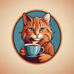 A beautiful kitty logo that expresses the sophisticated taste of coffee and cat lovers, a female cat, an oval logo, a blue mug and bright colors with a light background.