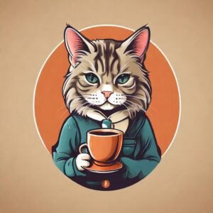 Cat Art - Coffee connoisseur cats - for coffee lovers and cat lovers, cat logo, sticker, orange mug, light background