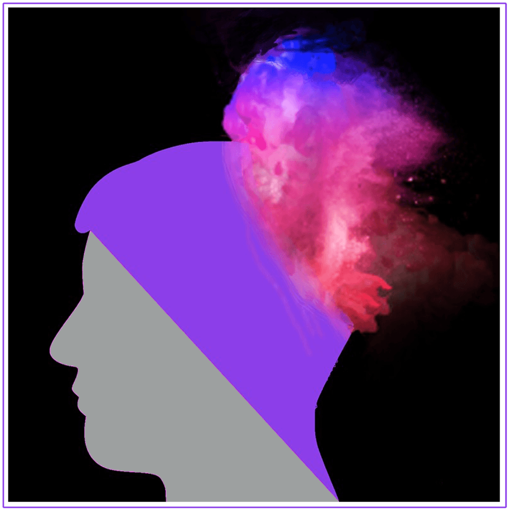 Illustration of blue-pink smoke surrounding human heads against a black background, representing the effects of smoking.
