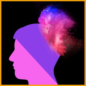 Vector illustration depicting the effects of smoking on the human head, with swirling pink and blue smoke against a black background.