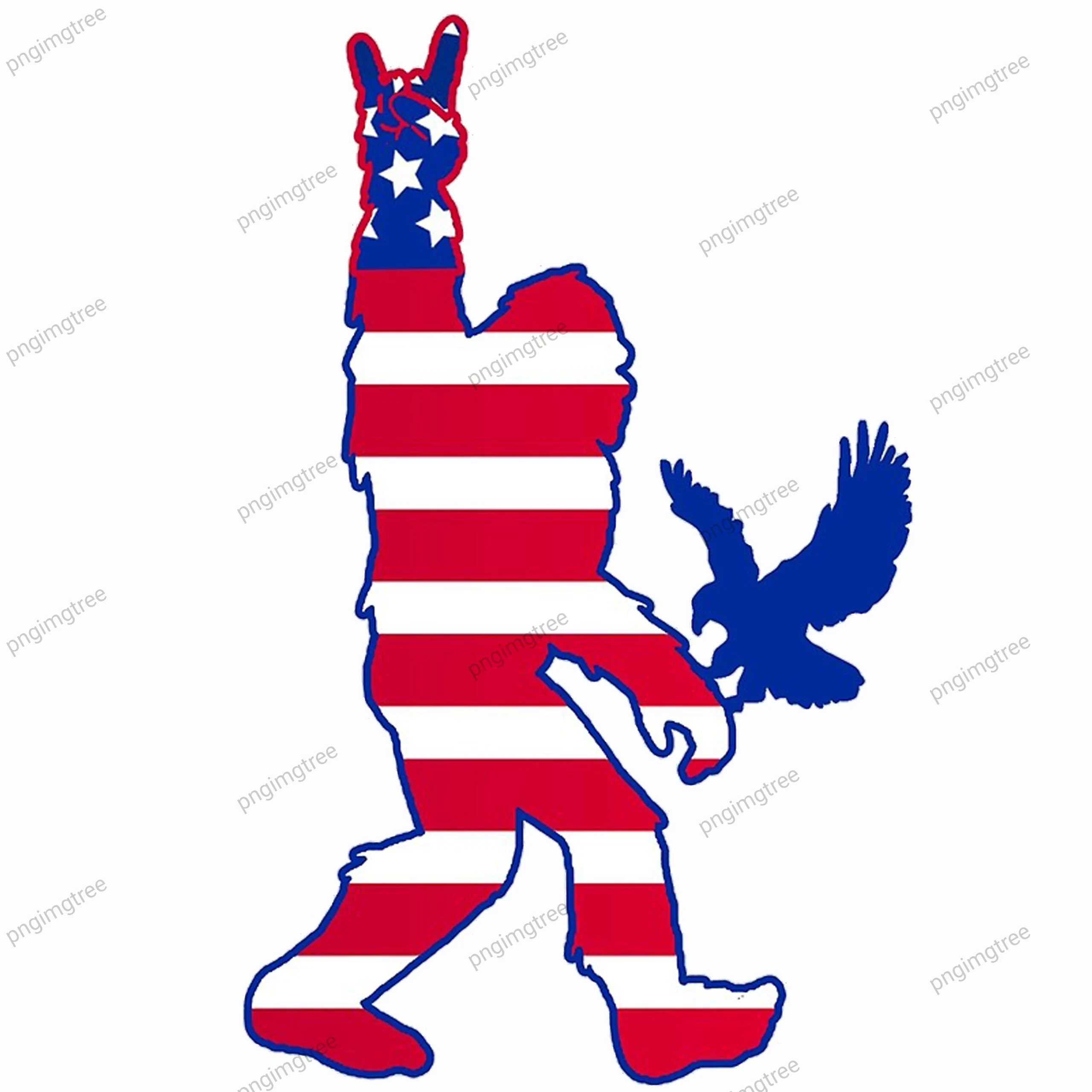 Bigfoot sticker and the USA flag on the left wrist and the right hand with a blue hawk standing on it