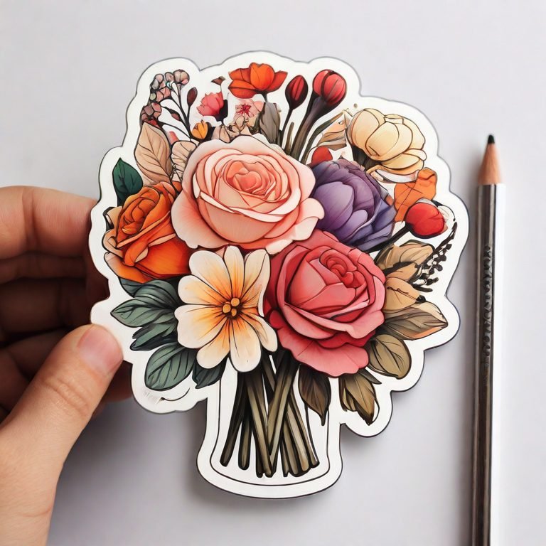 Hand holding flower sticker, pencil, cool sticker