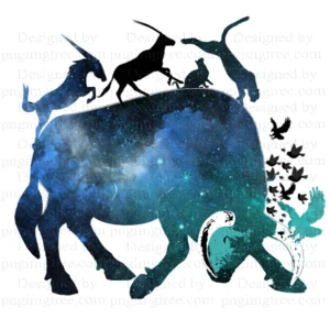 A majestic bull with galaxy-shaped skin surrounded by different animals on a white background.