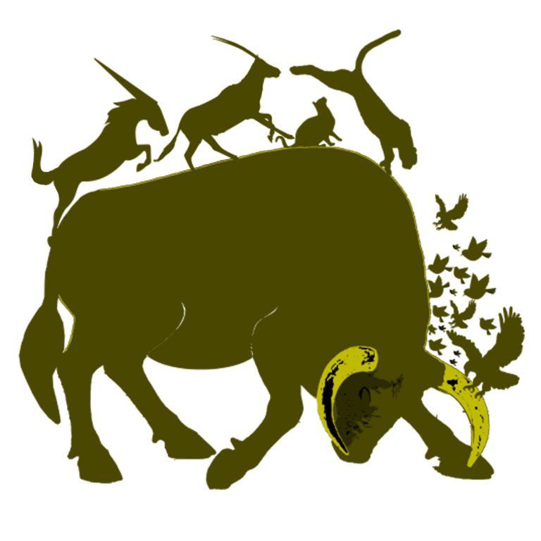 A majestic olive-colored bull animal carrying a diverse array of animals on its back, including eagles, birds, deer, horses, lions, and wild cats, against a transparent background.