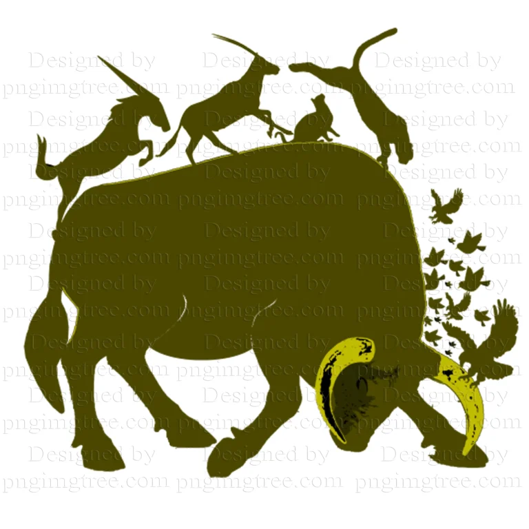 A majestic olive-colored bull animal carrying a diverse array of animals on its back, including eagles, birds, deer, horses, lions, and wild cats, against a transparent background.