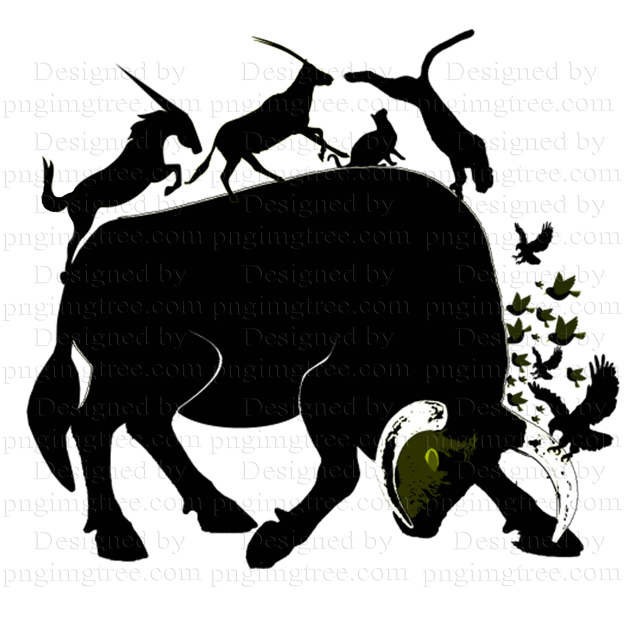 Black Bull Artwork with a Symphony of Animals