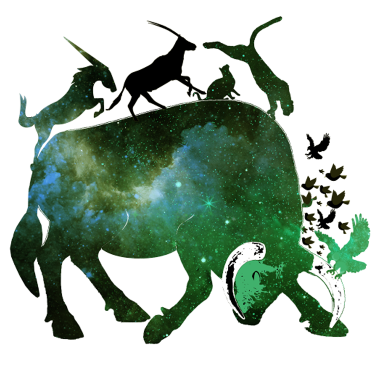 picture of a green bull whose skin bears the shape of galaxies with distinctive green light and white horns.