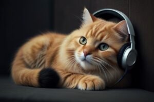 Playful and cute cat wearing headphones.
