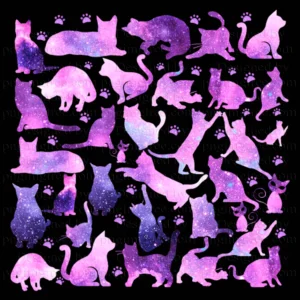 a symmetrical cat galaxy pattern in purple galaxy colors on a transparent background