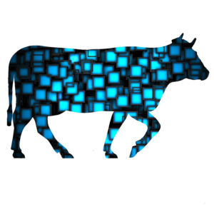cow Illustration with a shiny pattern on light blue geometric squares on a white background
