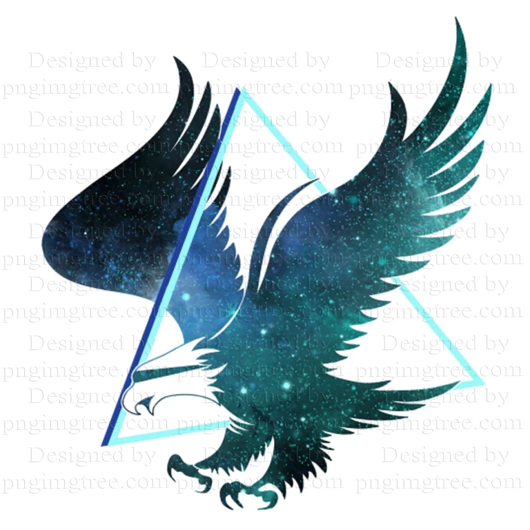 A vector drawing of a galactic hawk eagle, featuring a reflective triangle in the center of a shiny sky blue eagle, set against a transparent background.