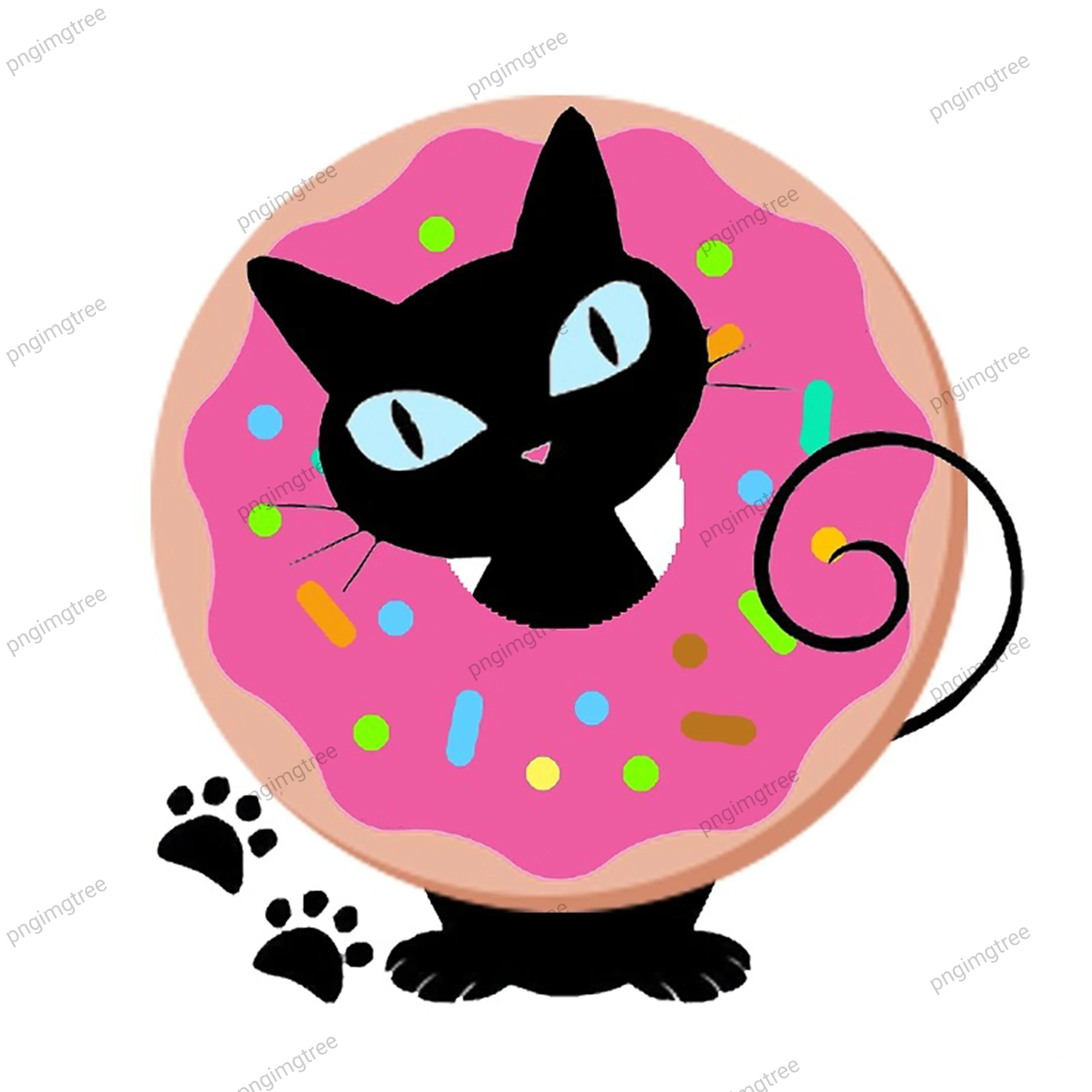 funny black cat inside a delicious donut shaped float with black paw prints on a white background