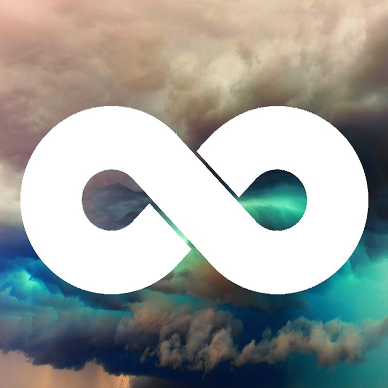 White infinity symbol against a backdrop of blue sky and dark clouds.