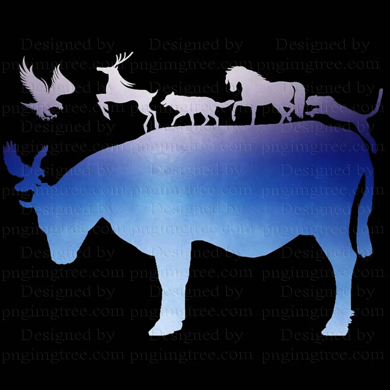 image of a huge sky-blue cow. Features adorable artwork and his pets on the back: eagles, birds, deer, horses and lions. All this on a white background that reflects the beauty of the creator