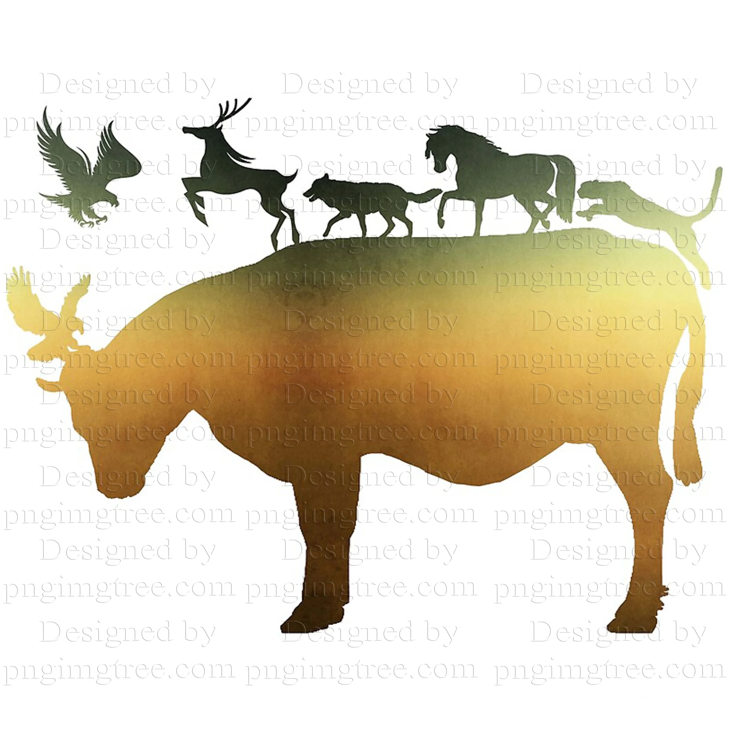 artwork of a yellow cow sunlight, and on its back are eagles, birds, deer, horses and lions, the solar system of the universe.