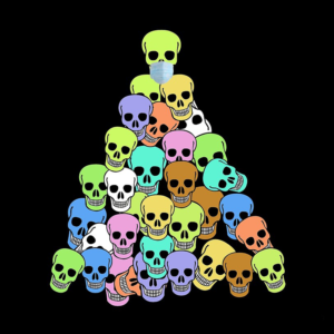 Pattern of colorful skulls on black background png