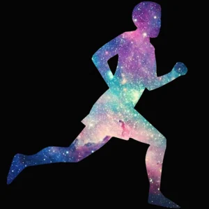 Dynamic running silhouette amid stunning purple galactic colors
