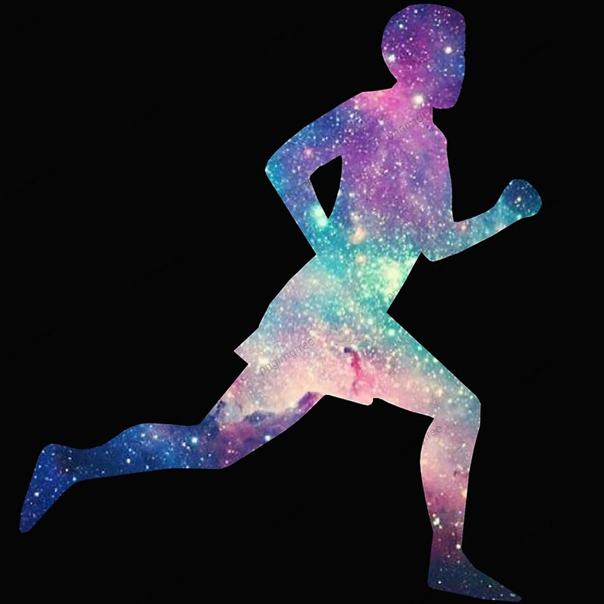 Dynamic running silhouette amid stunning purple galactic colors
