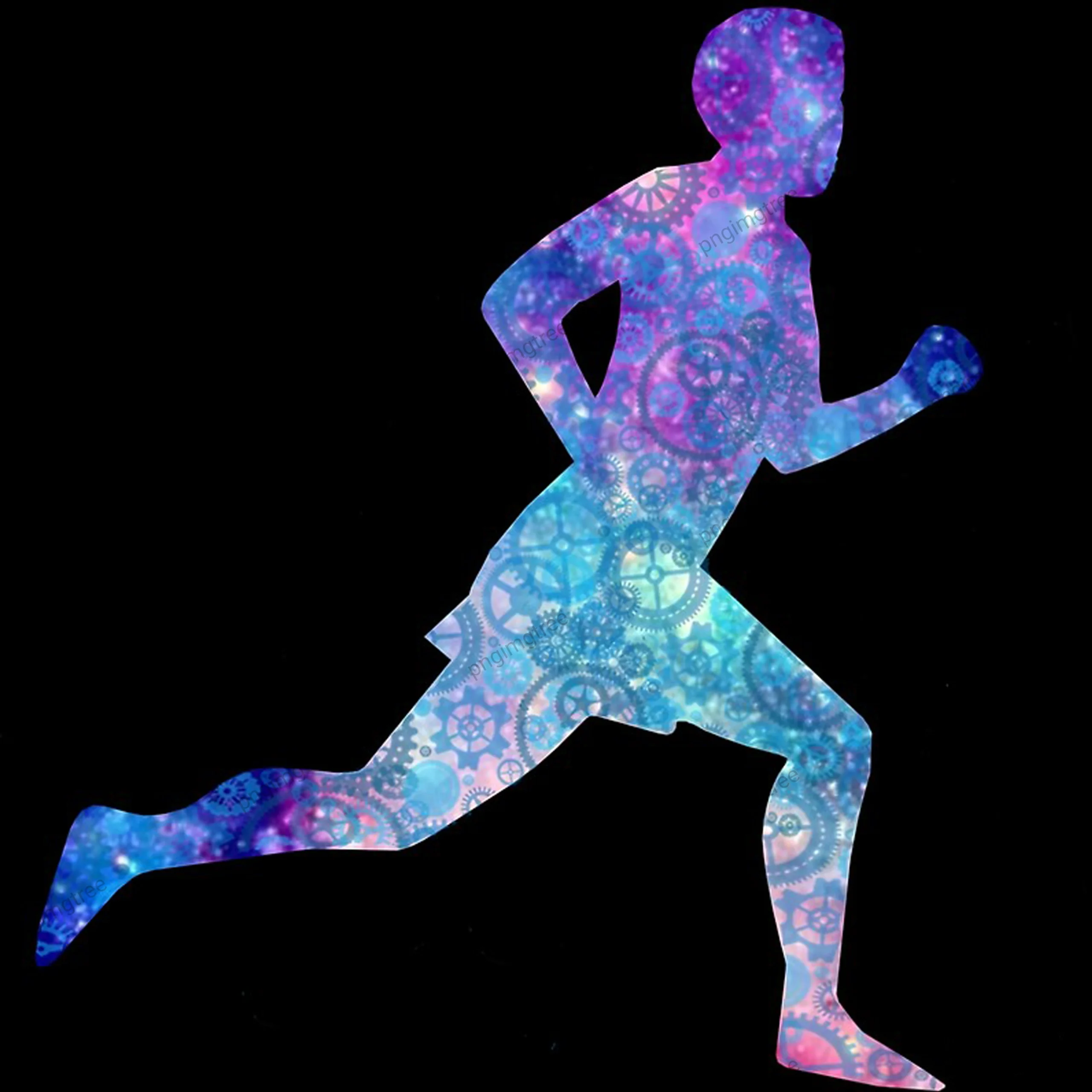 vector image of the man running clothes blue galaxy background and motivational style for exercise, running and racing isolated on black background