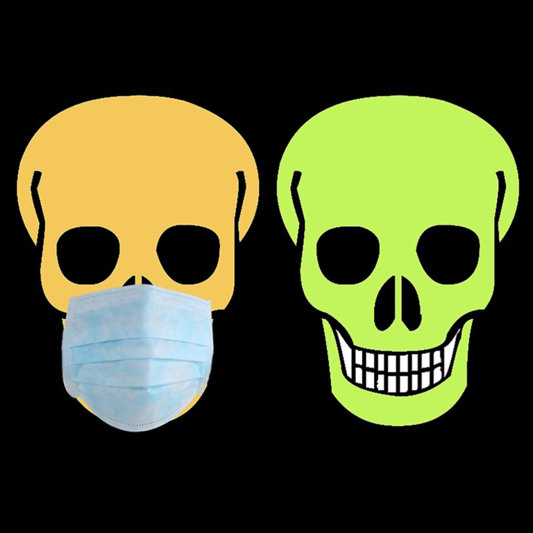 2 yellow and green human skulls on black background, mask, danger, skull logo