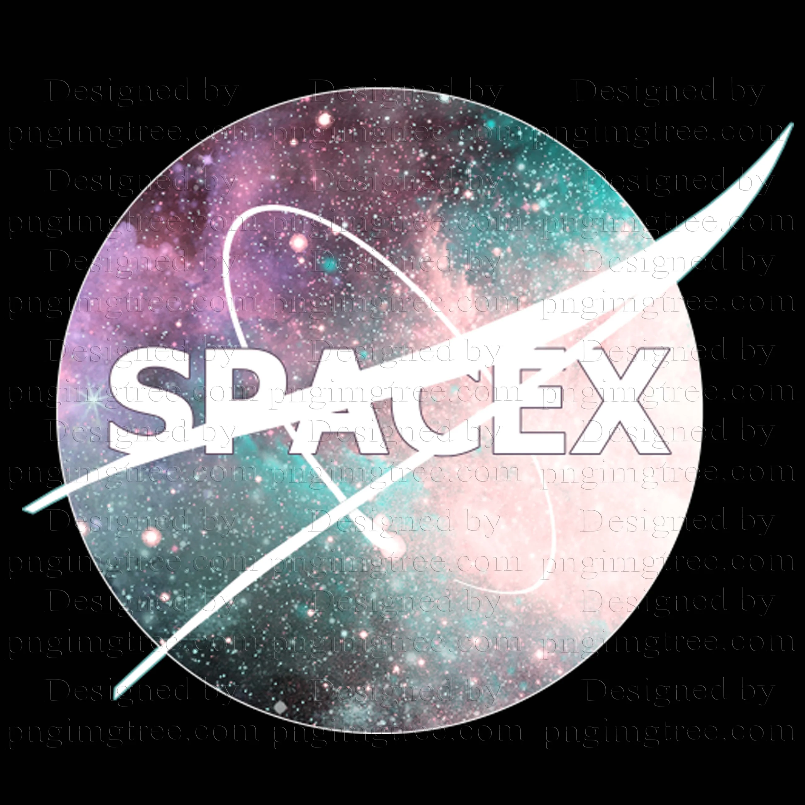 A bold galactic moon with the Spacex NASA logo in purple and sky blue on a transparent background.