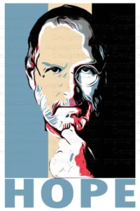 Illustration by pic of Steve Jobs showcasing the elegance of form on a blue and black background.