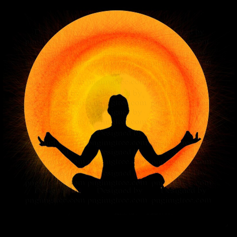 This image showing yoga and intense meditation with a sunrise and an orange sun on a black background